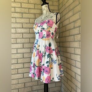 Forever 21 Pink Yellow Rose Print Corset Style Bodice Fit and Flare Cream Dress